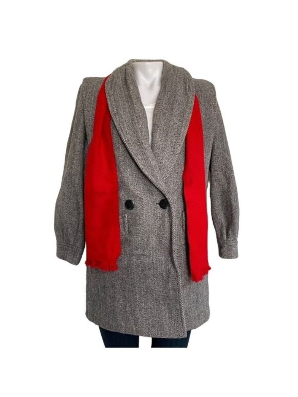Herman Kay Petite Womens Herringbone Wool Blend Coat With Red Scarf Accent Size